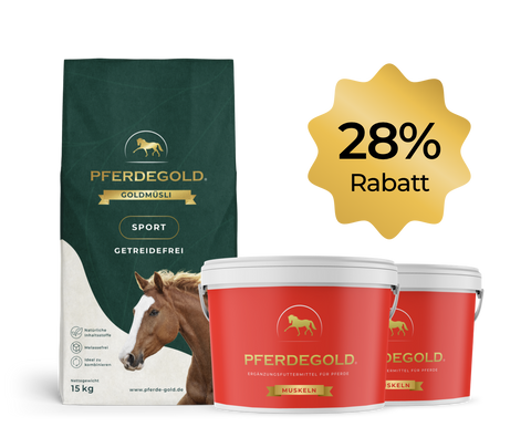 Pferdegold® 2x Muskeln + Müsli Getreidefrei, jetzt im Bundle mit 28% Rabatt - die getreidefreie Mischung für sportliche Pferde, unterstützt Kraft und Energie.