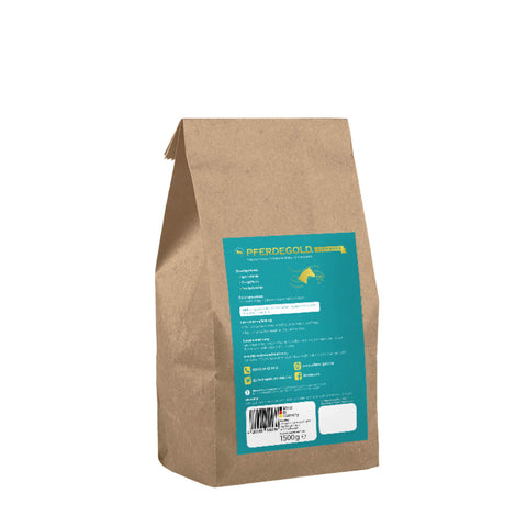 Braune Papiertüte mit einem blaugrünen Etikett auf der Rückseite mit Produktinformationen und Barcode, auf dem Atemglück von Pferdegold abgebildet ist - ein bewährtes Atemergänzungsmittel für Pferde.