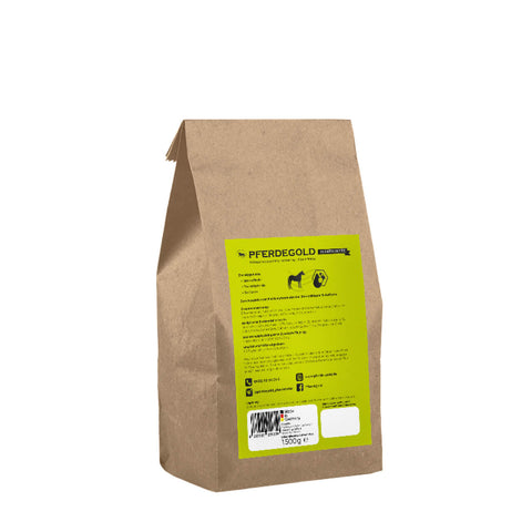 Ein brauner Papiersack (1,5 kg) mit einem grünen Etikett mit Angaben zu Pferdegold Elektrolyte und einem weißen Strichcode, ideal für die Zufuhr von Elektrolyten in hochwertigem Pferdefutter. Produkt: Elektrolyte - Papiersack 1,5kg, Marke: Pferdegold.