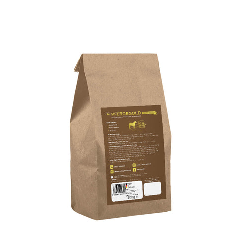 Braune Papiertüte mit braunem und gelbem Etikett mit Nährwertangaben, einem Pferdesymbol und dem Produkt Pferdegold Haut & Fell - einem unverzichtbaren Ergänzungsfuttermittel für die Hautpflege von Pferden.