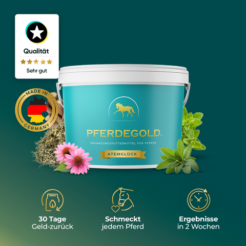 Pferdegold® Atemglück Pferde-Atemergänzungswanne mit Kräutern, Gütesiegel und Leistungssymbolen unten.