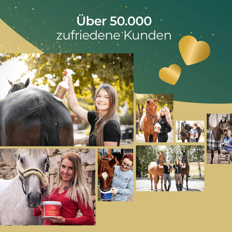 Collage von glücklichen Menschen mit Pferden, Pferdegold Atemglück Haustierprodukten und Text: Über 50.000 zufriedene Kunden.