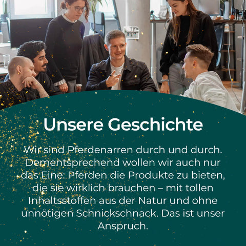 Eine Gruppe von fünf Personen sitzt und steht um einen Tisch herum, lächelt und diskutiert über Atemglück, ein Atemergänzungsmittel für Pferde von Pferdegold, in einer lockeren Büroumgebung.
