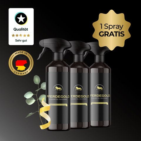 Drei schwarze Pferdegold® Insektenschutzspray 3 für 2 Flaschen mit pflanzenbasiertem Wirkstoff, Made in Germany-Plakette, Goldschleife und "1 Spray Gratis"-Etikett - wirkungsvoller Schutz vor Zecken und Bremsen.