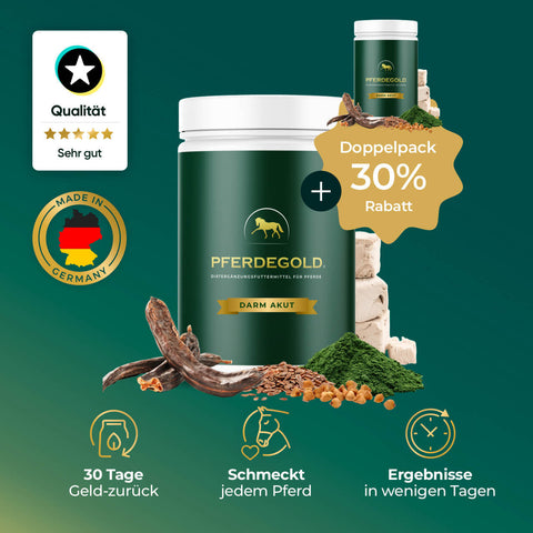 Die grünen Gläser von Pferdegold® Darm Akut Doppelpack 30% mit Kräutern, gekennzeichnet für Magenvorteile, sind mit einem deutschen Gütezeichen und einer 30%-Rabattplakette versehen.