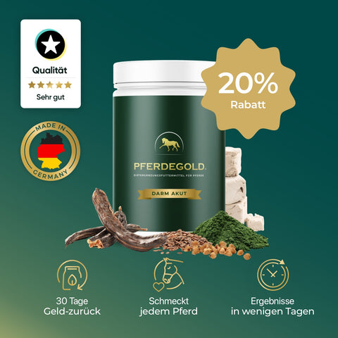 Grünes Döschen Pferdegold® Darm Akut 20 % mit 20 % Rabatt, Qualitätssiegel und Symbolen für Geschmack, schnelle Wirkung und Geld-zurück-Garantie - ideal zur Unterstützung der Dickdarm-Gesundheit und Verdauungsstörungen bei Pferden.