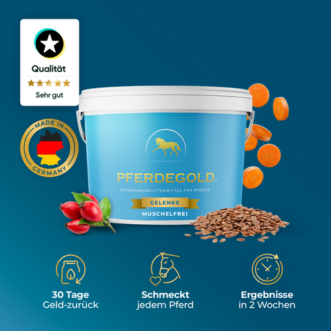 Pferdegold Gelenke Muschelfrei: Blaue Wanne mit Karotten, Leinsamen und Hagebutten - ideal für empfindliches Magenpferd - mit Piktogrammen und Qualitätsetiketten für muschelfreie Gelenke Unterstützung.