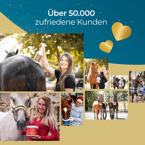 Collage von lächelnden Menschen mit Pferden und Pferdegold Gelenke Muschelfrei Produkt, Text lautet: Über 50.000 zufriedene Kunden.