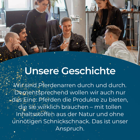 Fünf Menschen unterhalten sich lächelnd in einem modernen Büro; Text zu Pferdegold Gelenke Muschelfrei und dessen Gelenke-Unterstützung wird eingeblendet.