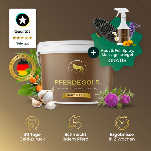 Das Pferdegold® Fellwechsel Bundle Basic bietet 32% Rabatt und beinhaltet die Pferdegold Ergänzungswanne mit Kräutern, sowie ein kostenloses Spray und eine Bürste für die effektive Pferdepflege. Deutsche Qualität von Pferdegold, mit abgebildeten Symbolen.