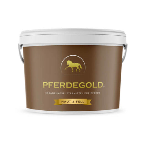 Braune Wanne mit Pferdegold Haut & Fell, einem Pflegemittel für die Haut von Pferden, mit Pferdelogo, weißem Deckel und Seitengriffen.