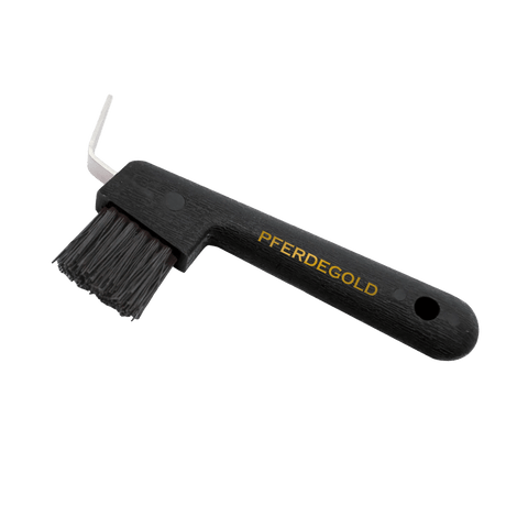 Der Pferdegold Hufauskratzer ist schwarz, hat eine robuste Bürste und einen ergonomischen Griff, mit dem Pferdegold-Logo auf dem Griff, isoliert auf weißem Hintergrund.