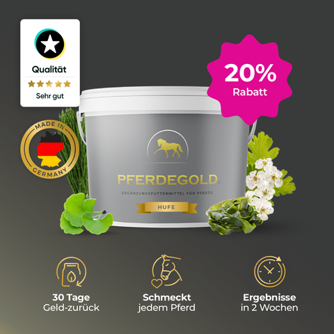 Pferdegold® Hufe 20% von Pferdegold: Weißer Behälter mit Kräutern, Abzeichen und einem rosa "20% Rabatt"-Etikett auf dunklem Hintergrund - ideal für alle, die hochwertige Pferdeprodukte suchen.