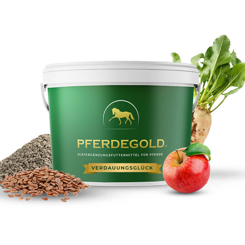 Pferdegold Verdauungsglück Eimer mit Leinsamen, Apfel, Zuckerrübe und Pellet Schaufel-formuliert, um die Verdauung von Pferden zu unterstützen und als ein Pferd Magen Ergänzung.