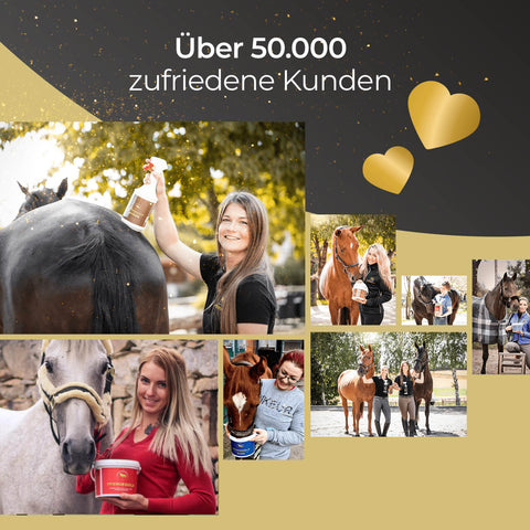 Collage von lächelnden Menschen mit Pferden, die Pflegeprodukte und Pferdegold® Mineral 25% Rabatt, von Pferdegold, in der Hand halten, mit dem Text Über 50.000 zufriedene Kunden.