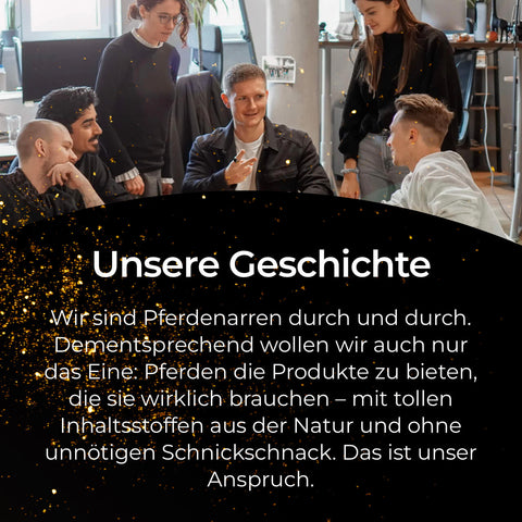Fünf Personen sitzen in einem modernen Büro und unterhalten sich lächelnd über die Vorteile von Pferdegold® Mineral 25% Rabatt von Pferdegold als wirksames Mineralstoffpräparat.