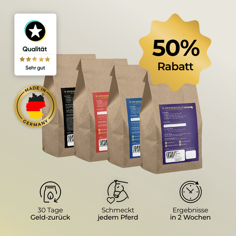 Vier Beutel Pferdegold® Trainingsbundle - Nerven, Gelenke, Mineral, Muskeln mit deutschem Etikett, Omega-3-Zusatz, Vitaminen und Mineralien, Qualitätssiegel, 50% Rabatt und Symbolen, die die wichtigsten Vorteile hervorheben.