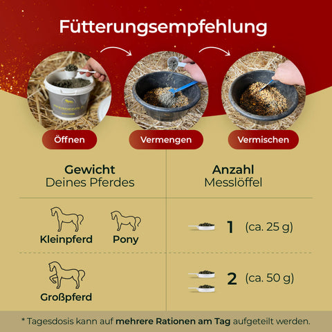 Fütterungsempfehlung: Eimer öffnen, vermengen, abmessen und nach Pferdegewicht dosieren. Für optimalen Muskelaufbau empfiehlt sich die Ergänzung mit Pferdegold Muskeln.