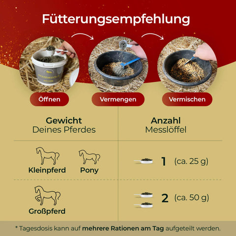 Für sportliche Pferde: Öffnen Sie Pferdegold® 2x Muskeln + Müsli Getreidefrei, mischen Sie 1 Messlöffel für Ponys oder 2 für Großpferde ein. Diese getreidefreie Formel ist reich an pflanzlichen Proteinen-ideal zur Unterstützung aktiver Pferde. Jetzt im Bundle mit 28% Rabatt!.