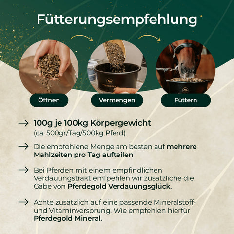 Ein Sack Pferdegold® 3 für 2 - Goldmüsli Kräuterglück wird geöffnet, gemischt und einem braunen Pferd im Stall verfüttert.