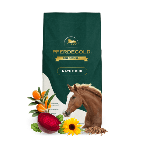 Beutel mit Pferdegold Goldmüsli® Natur Pur Pferdefutter mit den Motiven Pferd, Rote Bete, Karotte, Hagebutte, Sonnenblume und Samen.
