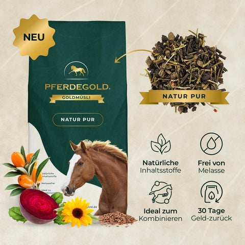 Ein Beutel Pferdegold® 3 für 2 - Goldmüsli Natur Pur Pferdefutter, umgeben von Symbolen für natürliche Inhaltsstoffe, getreidefrei und faserreich.
