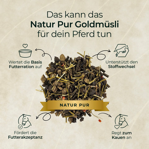 Ein Stapel 3 für 2 - Goldmüsli Natur Pur von Pferdegold®, ballaststoffreich und getreidefrei, mit Piktogrammen, die die Vorzüge auf beigefarbenem Hintergrund zeigen.