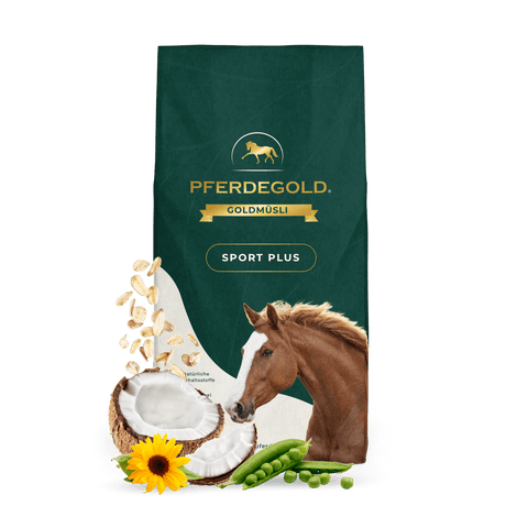 Sack Pferdegold Goldmüsli® Sport Plus Pferdefutter mit Hafer, Kokos, Erbsen, Sonnenblumen und einer Pferde-Illustration auf der Packung - ideal als Gelenkfutter für Pferde.