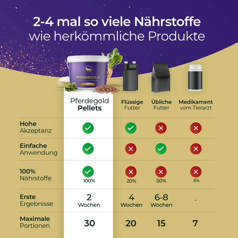 Vergleichen Sie Pferdegold Nerven mit anderen Pferdefuttermitteln in dieser Tabelle, in der die wichtigsten Nährstoffe und Ergebnisse hervorgehoben werden, damit Sie die beste Unterstützung für das Nervensystem Ihres Pferdes wählen können.