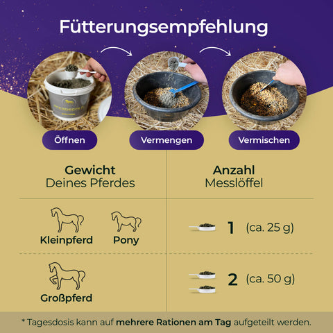 Eine Schritt-für-Schritt-Anleitung für die Pferdefütterung, die das Öffnen, Mischen und Portionieren des Futters je nach Größe des Pferdes beschreibt und Tipps zur Zugabe von Pferdegold® Nerven 3 für 2 von Pferdegold oder anderen Ergänzungsfuttermitteln für eine optimale Ernährung gibt.