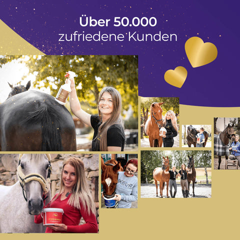 Collage von Frauen mit Pferden, lächelnd und mit Pferdegold® Nerven 3 für 2 von Pferdegold; Text: Über 50.000 zufriedene Kunden.