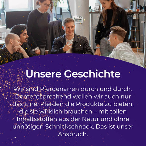 Fünf Menschen sitzen und stehen um einen Bürotisch, lächeln und unterhalten sich, als würden sie über Pferdegold® Nerven 3 für 2 diskutieren - das bewährte Beruhigungsmittel von Pferdegold, das das Wohlbefinden von Pferden unterstützt.