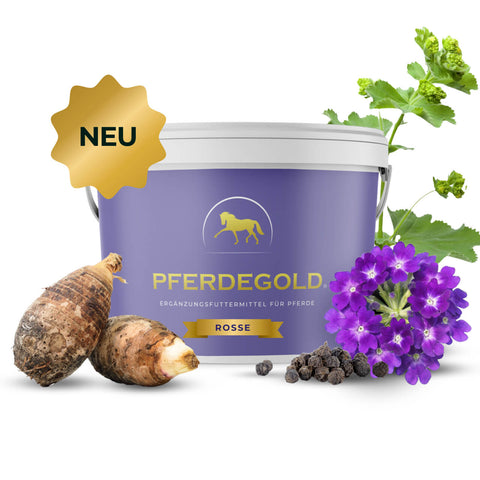 Ein lilafarbener Pferdegold®-Rossebehälter mit Kräutern, Wurzeln und einer lilafarbenen Blüte ist mit einem NEU-Abzeichen versehen. Speziell formuliert zur Unterstützung von Rosseproblemen, ist es reich an Vitaminen für optimale Pferdegesundheit. Jetzt 25% Rabatt - von Pferdegold!.