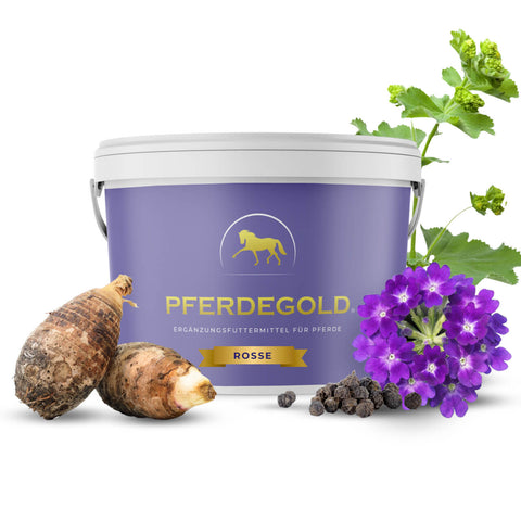 Ein lilafarbener Pferdegold-Eimer mit Kräutern, Wurzeln, Blüten und Pfefferkörnern - perfekt zur Unterstützung von Vitaminen und zur Behandlung von Problemen mit dem Pferd.