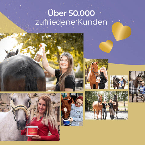 Collage von glücklichen Frauen mit Pferden, die Pferdegold Rosse Tierpflegeprodukte mit Vitaminen halten, plus Text: Über 50.000 zufriedene Kunden.