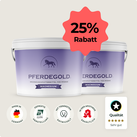 Zwei Pferdegold® 2er Magnesium 25 % Wannen für Pferde zur Unterstützung von Muskulatur und Regeneration, mit rotem "25 % Rabatt"-Etikett und Qualitätsplakette darunter.