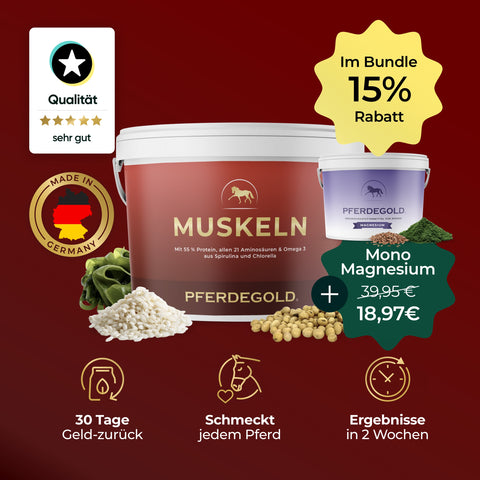 Zwei Pferdegold® Sport Balance Bundle Becher, mit Symbolen für Qualität, Rabatt, Geld-zurück-Garantie und Sonderangebot - Magnesium mit pflanzlichen Proteinen für gesunde Muskeln Ihres Pferdes.