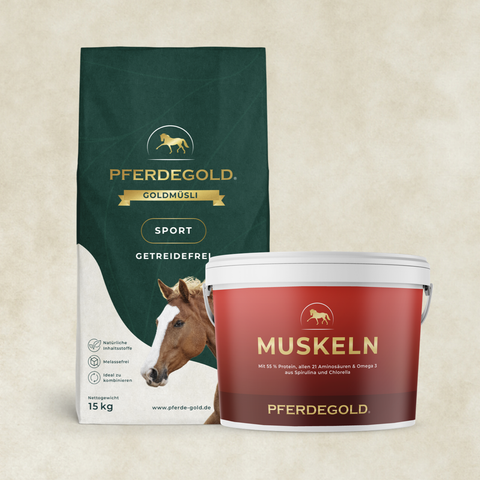 Das Pferdegold Sport Bundle: Muskelprotz getreidefrei enthält einen grünen Beutel mit einem Pferdebild und einen roten Becher mit der Aufschrift "Muskeln" für den proteinreichen Muskelaufbau.