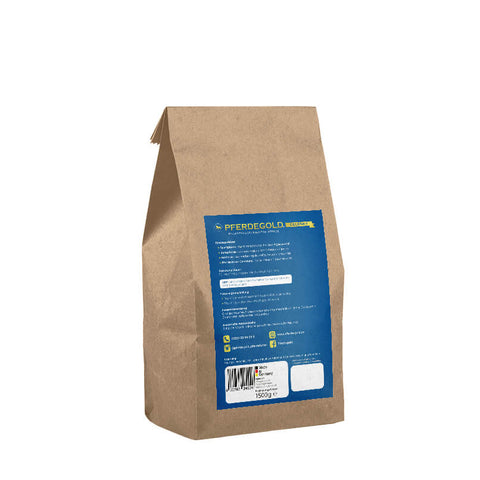 Eine braune Papiertüte mit blauem Etikett und Barcode auf der Rückseite, auf weißem Hintergrund; ideal für die Verpackung von Pferdegold Gelenke oder anderen Pferdegold-Produkten.