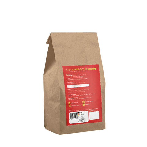 Braune Papiertüte mit rotem Etikett und Barcode, stehend auf weißem Hintergrund. Pferdegold Muskeln unterstützt den optimalen Muskelaufbau Ihres Pferdes - ideal unter den Pferdeprodukten.