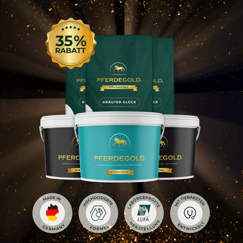 Pferdegold® Winter-Vital-Pferdefuttermittel, abgebildet mit einer 35%-Rabatt-Plakette, Produktbechern, Beuteln und Zertifizierungssymbolen.