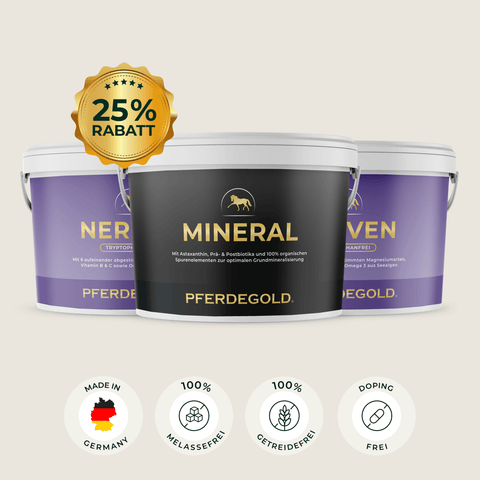 Drei Eimer Pferdegold® Mineral 2.0 & 2er Nerven Ergänzungsfuttermittel, gekennzeichnet mit einer 25% Rabatt-Plakette und vier Funktionssymbolen unten.