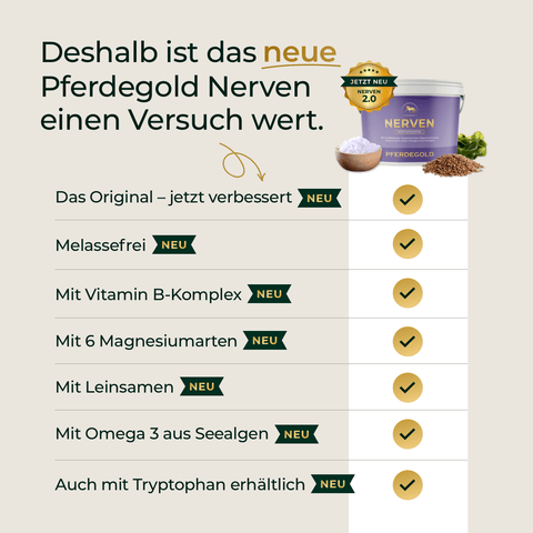 Produktbild von Pferdegold® Mineral 2.0 & 2er Nerven - optimal für nervöse Pferde mit neuen Features wie Omega-3-Fettsäuren und Mineral 2.0, alle Vorteile auf Deutsch mit grünen Häkchen präsentiert.