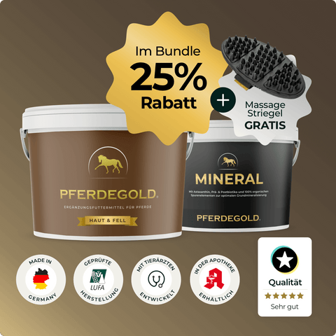 Zwei Pferdegold® Fellwechsel Power Duo Haut & Fell + Mineralwannen, 25% Rabatt auf das Paket, kostenlose Massagebürste und Qualitätsplaketten.