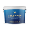Blauer Behälter mit der Aufschrift Pferdegold Gelenke+ 2.0 und einem Pferdelogo, der als Gelenkergänzung für Pferde gedacht ist.