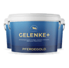 Drei blaue Wannen mit Pferdegold® Gelenke+ 3 für 2 von Pferdegold, einem Ergänzungsfuttermittel für Pferde, sind in einer Reihe angeordnet.