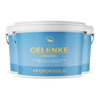 Drei blaue Pferdegold® Gelenke Muschelfrei 2.0 3für2 Becher mit weißem Deckel, Pferdelogo, und deutschem Text-ideal für Gelenke unterstützen, auch für empfindliche Mägen, dank der muschelfreien Rezeptur.