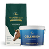 Ein Pferdegold Senioren Bundle: Gelenkstark, bestehend aus einem 15kg Futtersack und einer getreidefreien Gelenke+ Ergänzung mit Omega 3, steht nebeneinander.