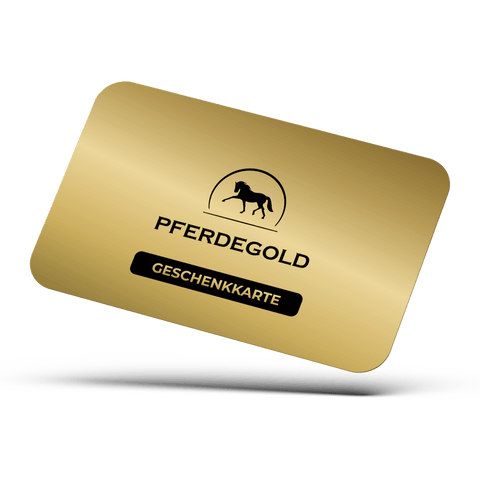 Goldfarbene Geschenkkarte mit dem Pferdegold®-Pferdelogo und der Aufschrift "Pferdegold® Gutschein" auf weißem Hintergrund.