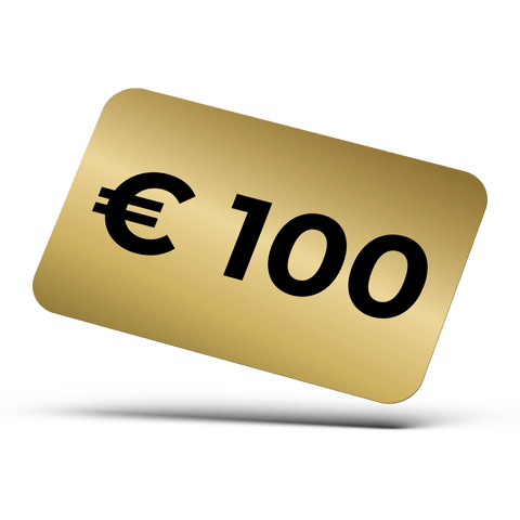 Eine Pferdegold®-Gutschein-Goldkarte mit dem Euro-Symbol und der Zahl 100, die für einen 100-Euro-Wert der Marke Pferdegold® steht.